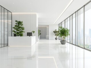 Bright modern office lobby with large windows and plant decorations and white marble floor