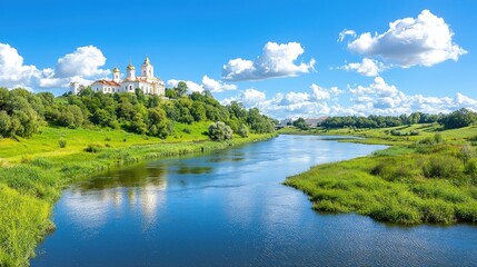 Monastery by river, sunny day, green hills, summer landscape, travel postcard
