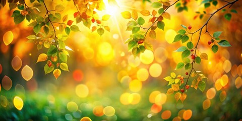 Obraz premium Sunlight filters through the leaves, casting warm bokeh on a backdrop of vibrant green and yellow hues.