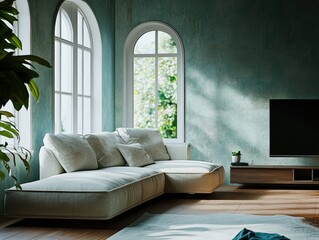 Modern Living Room with Blue Accent Wall and Large Window