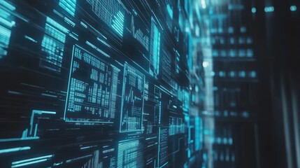 Blue data streams flow in server room