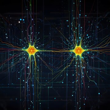 Visualization of neural networks with glowing circuits and data clusters

