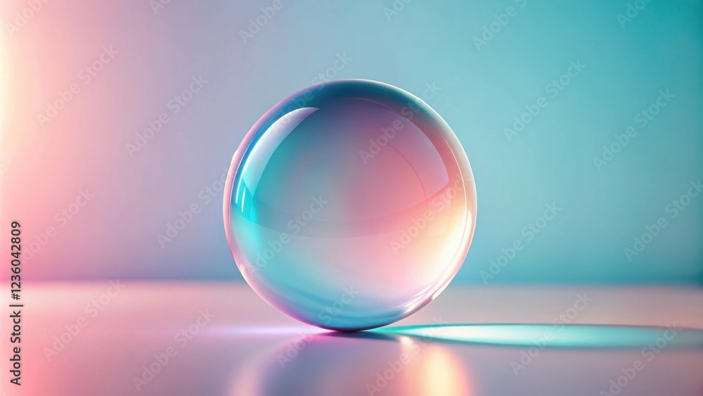 Poster a single, translucent sphere rests on a smooth, pastel surface, casting a soft glow of color onto th