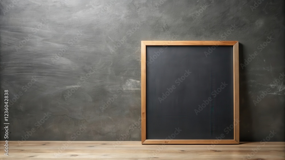 Aufkleber a blank chalkboard in a wooden frame against a textured grey wall with a wooden surface in front