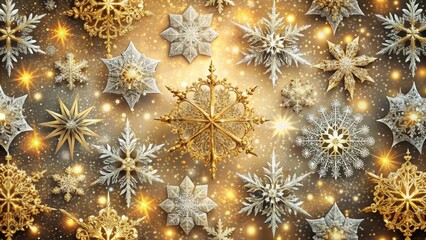 A festive and elegant arrangement of gold and silver snowflakes on a sparkling background, evoking a sense of winter wonder and magic.