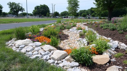 Urban Rain Garden with Colorful Flowers and Stones