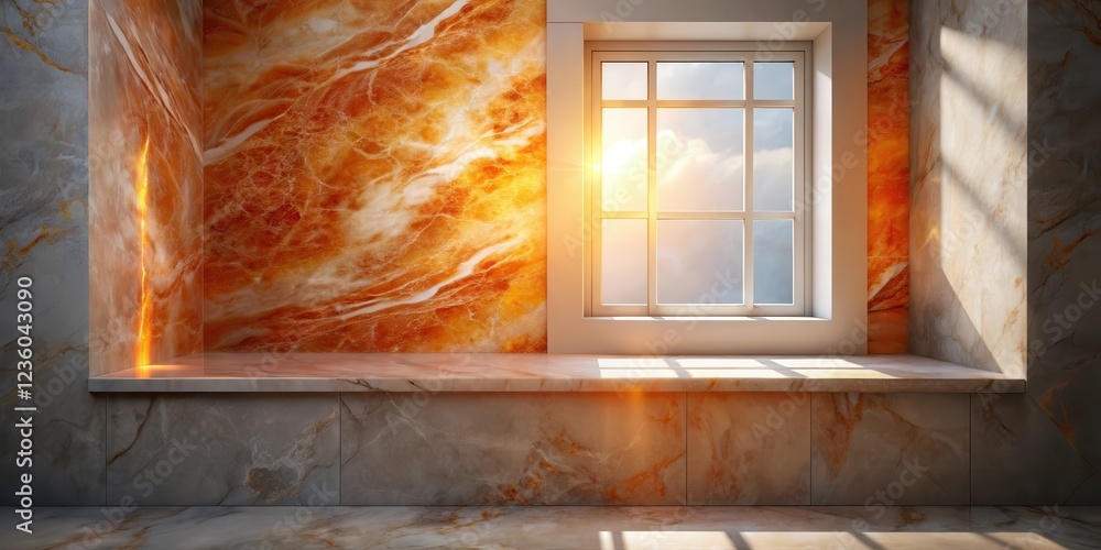 Poster a sunlit window casts warm light on a marble bench, creating a serene and inviting space.
