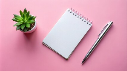 A blank notepad with a silver pen and a succulent plant on a pink surface