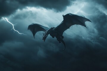 Fototapeta premium Majestic dragon soaring through dark storm clouds illuminated by lightning