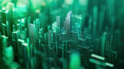 Green digital city skyline, glowing, futuristic background, technology concept