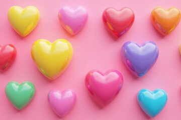 grid of shiny heart shaped objects on solid pink background