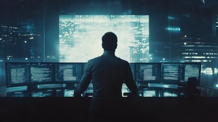 Fototapeta premium Hacker observing city data streams at night, code on monitors