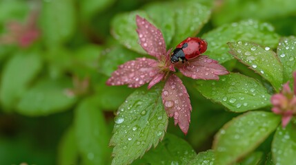Red Ladybug on Dew Covered Leaves Green and Red Foliage Closeup Macro Shot