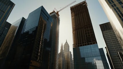 Naklejka premium Skyscrapers, construction, city, sunlight, low angle, urban development, background, New York