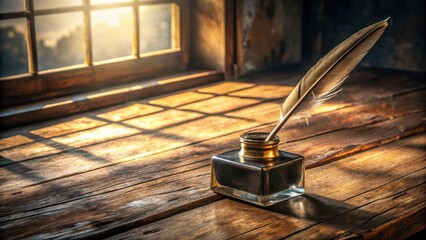 A quill pen rests on a wooden surface, its inkwell nearby, bathed in the soft glow of sunlight streaming through a window.