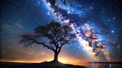 Silhouetted Tree Standing Tall Beneath A Vast Night Sky Filled With Millions of Stars, Glowing Clouds of the Milky Way, and a Distant Horizon