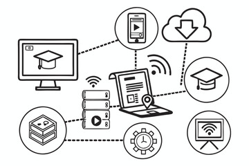 E-learning icons, educational symbols, online education, digital learning, technology in education, computer icons, mobile learning, video tutorials, virtual classroom, webinars, cloud computing, remo