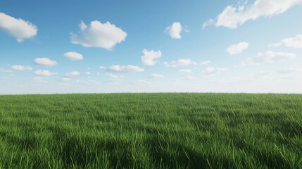 Obraz premium A vast green field stretches beneath a blue sky dotted with fluffy white clouds