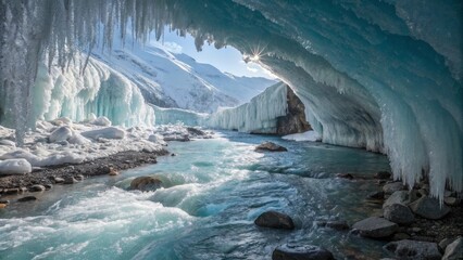 A hidden, sparkling grotto inside the Mer de Glace glacier, featuring crystal-clear ice formations, flowing blue water, and frosty stalactites