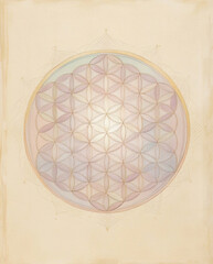 The image shows the Flower of Life, a symbol of sacred geometry.
