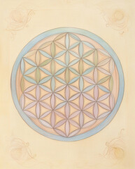 The image shows the Flower of Life, a symbol of sacred geometry.