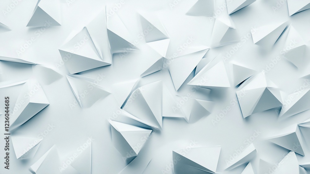 Poster abstract white 3d geometric shapes arranged randomly creating a minimal pattern
