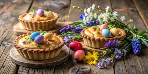 Easter Sweet Breads with Colorful Eggs and Spring Flowers on Rustic Wooden Table