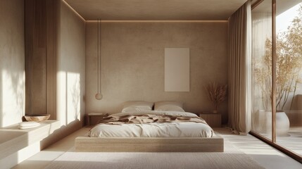 Serene Minimalist Bedroom Interior Design with Natural Light and Wooden Platform Bed