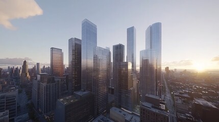 Fototapeta premium Sunrise cityscape, skyscrapers, urban development, aerial view, architectural rendering, real estate marketing
