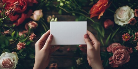 Obraz premium Hands with a Greeting Card against a Bouquet of Flowers