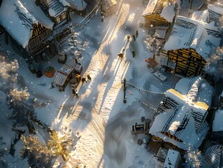 Cozy snowy village. Winter snow architecture market aerial view