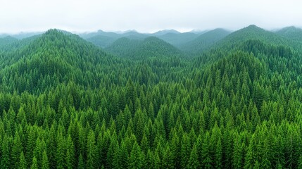 Obraz premium Lush green forest landscape, misty mountains background, nature panorama, ideal for travel brochures