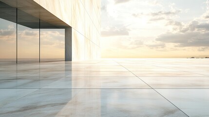 Obraz premium Modern marble building entrance, sunset cityscape backdrop, plaza, architectural design