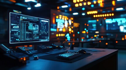 Futuristic control room; data analysis on monitor; background lights; tech concept