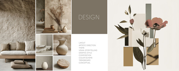 These images feature minimalist interior designs with soft neutral tones, natural textures, and floral accents. Perfect for use in moodboards, posters, covers, and creative projects.