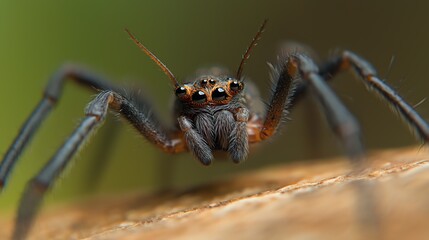 Close Up Of A Small Dark Spider With Orange Speckles On Brown Surface