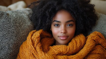 Relaxed woman, cozy home, autumn blanket, indoor comfort