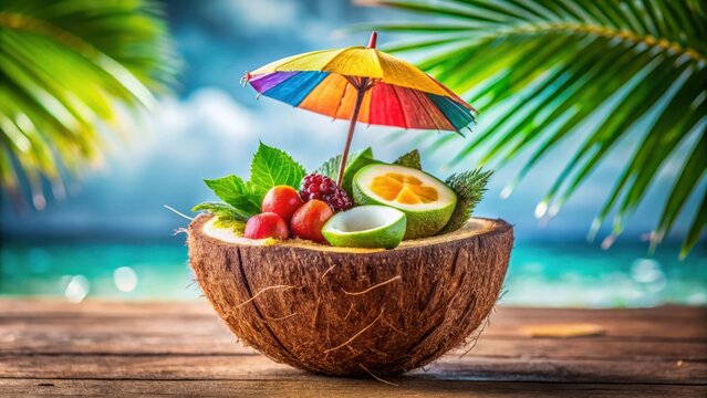 A Tropical Delight A Coconut Shell Filled with Fresh Fruit and Topped with a Colorful Umbrella, Set Against a Backdrop of Palm Leaves and a Sparkling Ocean