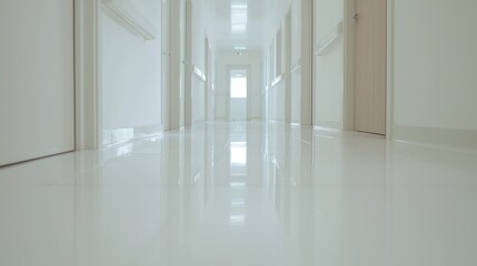 Fototapeta premium Long hospital corridor, bright light at end, sterile white walls, medical facility