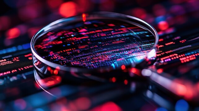 Magnifying cybersecurity code; digital forensic analysis; red alert background
