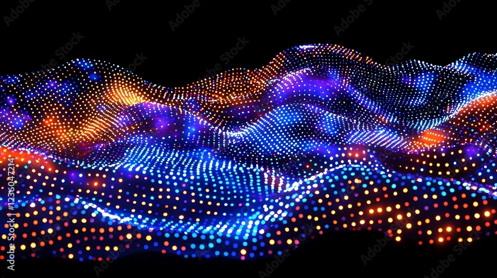 Poster abstract colorful wave of glowing particles on black background.