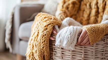 Obraz premium Close-up image of a woman's hands gently holding knitted sweaters or garments within a light brown woven basket.
