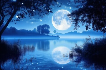 Serene moonlit night over calm lake with reflection and gentle nature
