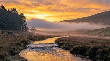 A serene landscape at sunrise with a river, mist, and trees under a colorful sky.