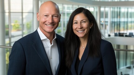 Smiling executives portrait, modern office lobby, background blurred, corporate headshot