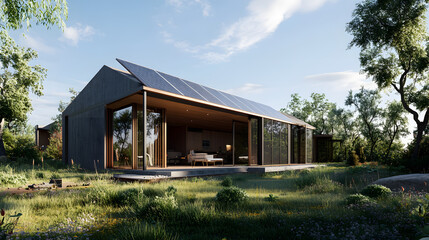 Obraz premium A solar-powered housing project featuring homes with solar panels, designed to promote sustainability and offer an energy-efficient living environment.A solar-powered housing project featuring homes w