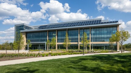 Obraz premium Modern Sustainable Office Building with Solar Panels