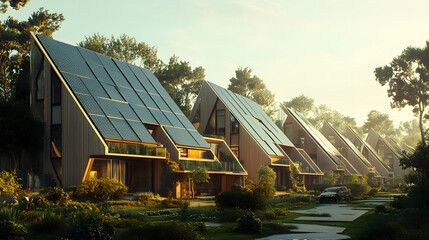 Obraz premium A solar-powered residential complex with homes designed to reduce energy consumption and environmental impact while embracing a sustainable future.A solar-powered residential complex with homes design