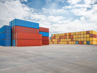 Fototapeta premium A large pile of containers are stacked in a warehouse