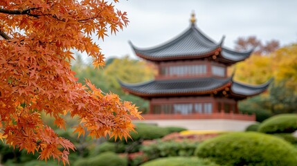 Autumnal Orange Maple Leaves and Pagoda in a Serene Garden